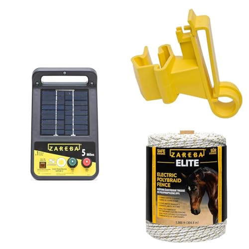 Zareba ESP5M-Z Solar Powered Electric Fence Charger - 5 MileElectric Fence Energizer,Black + ITTY-Z T-Post Poly Tape Insulator, 25 per Bag, Yelllow, Large + Elite Polybraid Electric Fence for Horses