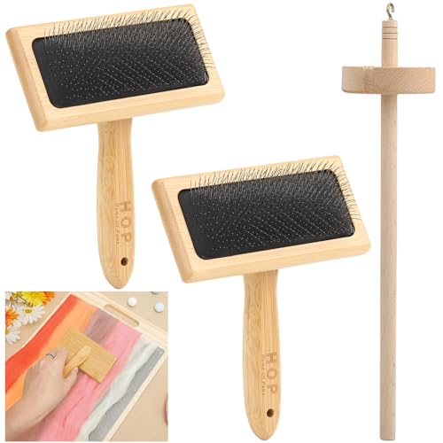 2PCS Wool Carders with Drop Spindle Set, Hand Carders Wool Needle Felting Brush, Drop Spindle Maple Top Whorl Spinning Smooth Finish, for Craft Felt Project