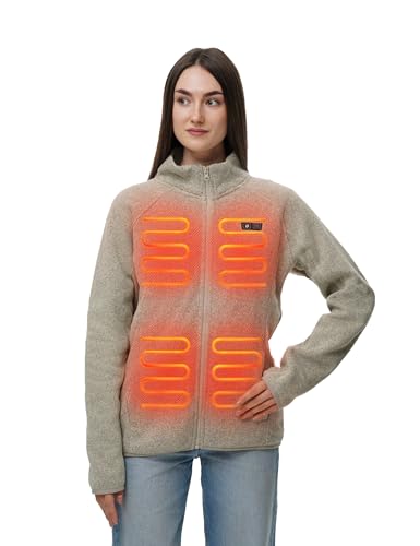 HENNCHEE Heated Fleece Jackets for Women with 12V 16000mAh Power Bank | Dual Control 5 Carbon Fiber Heating Zones Zip Up Heating Sweater, 3 Levels Heated Knitted Sweatshirt Coat - color: Grey, size: Small