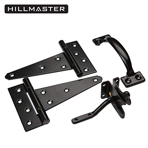 HILLMASTER Heavy Duty Gate Latch Door Handle Hardware Kit for Wooden Fence, Self-Closing Gate Latch with Pull String, Decorative Metal Gate Pull Handle, 2 Pack 6in T-Strap Gate Hinges, Black Finish