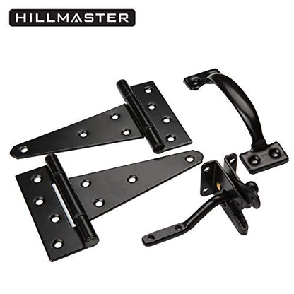 HILLMASTER Heavy Duty Gate Latch Door Handle Hardware Kit for Wooden Fence, Self-Closing Gate Latch with Pull String, Decorative Metal Gate Pull Handle, 2 Pack 6in T-Strap Gate Hinges, Black Finish