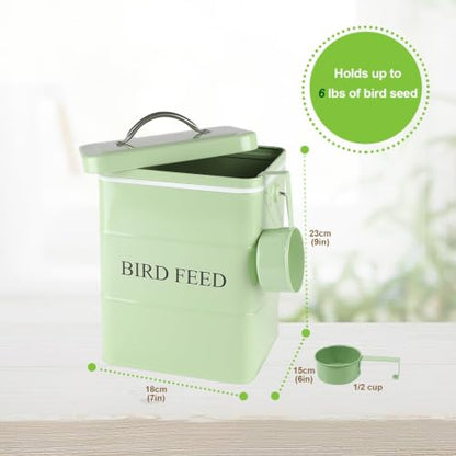 Morezi Airtight Bird Seed Storage Container 5~6LB Metal Bird Food Container | Wild Bird Seed Tin with Scoop and Handle, for Storing Sunflower Seed, Porch, Yard - Sturdy and Squirrel Proof -Green