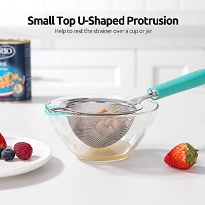 18/8 Stainless Steel Mesh Strainer: U-Taste 3.9 Inch Kitchen Fine Mesh Sieve Food Colander with Riveted Sturdy Silicone Handle and 30 Mesh Hole for Straining Flour, Quinoa, Tea, Juice (Aqua Sky) - color: (1) Aqua Sky, size: Small (3.9 x 11.1 in)