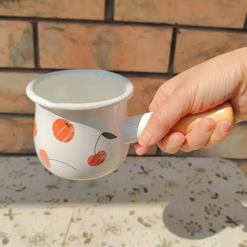 Enamel Milk Pot, Small Saucepan Butter Warmer Pot | 4 Inch 17 Oz with Wooden Handle for Heating Smaller Liquid Portions ,Handy for One Person - color: Cherry