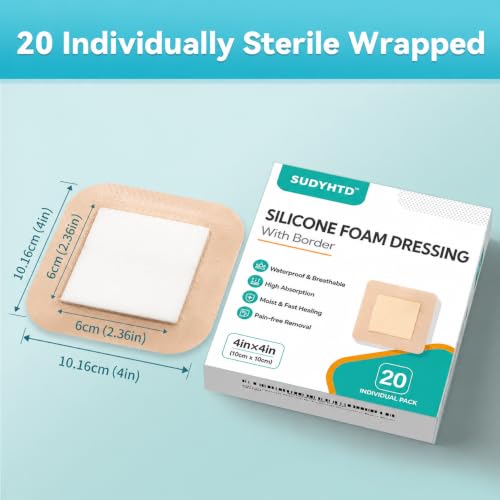 20 Pack Silicone Foam Dressing 4"x4" Gentle Border, Waterproof Silicone Bandages for Wounds Care, Super Absorbent Wound Dressing, Bed Sore Patches, Self Adhesive Pressure Sore Pads