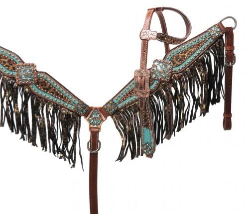 Showman Bejeweled Metallic Leopard Print Leather Headstall & Breast Collar Set