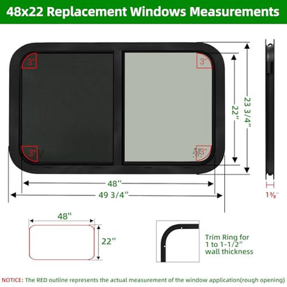 48"W x 22"H RV Windows for Cargo Trailer Camper,Tinted Horizontal Sliding - size: 48"W x 22"H