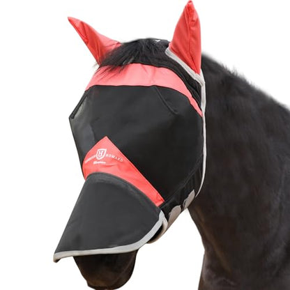 Harrison Howard Horse Fly Mask with Ears & Long Nose Cover, UV Protection, Fine Mesh Fly Mask for Horses, Large Eye Space & Soft Fleece Edging for Turnout & Grazing Orange/Black L - size: L
