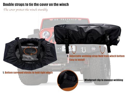Eudora Waterproof Small Winch Cover for 2500-5500 lb Electric Winches | Heavy-duty vinyl sheds rain, resists UV, frost, dust; elastic hem and straps secure ATV UTV trailer winches against wind