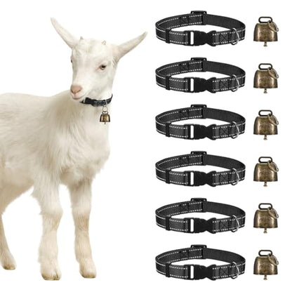 Generic 6-Pack Reflective Goat Collars with Bells, 13.8"-20.5" Polyester Adjustable Pet Collar with Anti-Lost Grazing Copper Bell for Small Farm Animal/Sheep/Cow/Goat [Black]