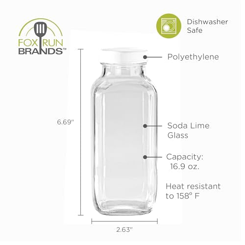 Fox Run Square Glass Milk Bottle, Leaf-Proof 16.9 oz Juice and Creamer Container with Lid
