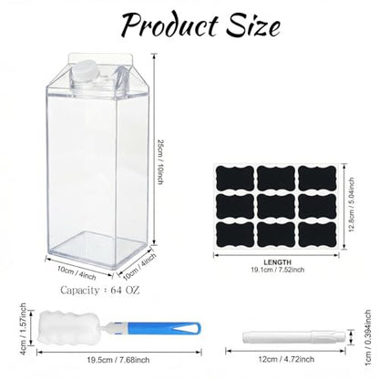 3 Pcs 64 Oz Large Clear Milk Carton Container with Brushes Labels and Pen Square Plastic Milk Water Bottle for Outdoor Camping or Climbing Tour