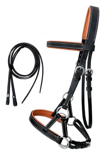 CHALLENGER Horse Western Brown Leather Training Tack Bitless Sidepull Bridle Reins 7711 - color: Black/Tan, size: Full