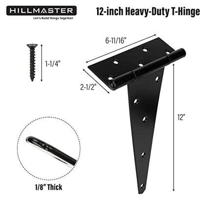 HILLMASTER 12 Inch T-Strap Heavy Duty Shed Door Hinges Gate Strap Hinges Black Tee Hinge Wrought Hardware for Wooden Fences,Yard,Barn Door,Rustproof (6 Pack) - size: 12in 6Pack