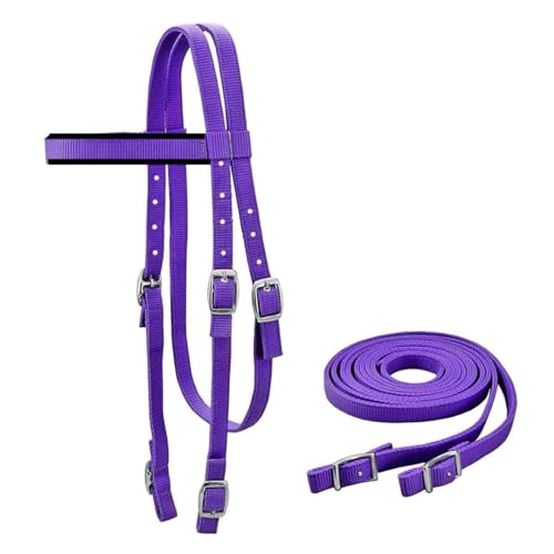 Tahoe Tack Double Layer Nylon Full Horse Headstall with Split Reins - color: Purple, size: Cob (Medium)