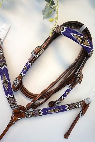 Pony Leather Headstall and Breast Collar Set Color Beaded with Gold & Black Beaded Overlay and Cross - color: Purple
