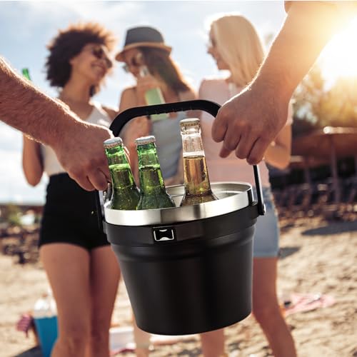 COKTIK 7L Vacuum Insulated Ice Bucket with Lid and Scoop& Tongs，Large capacity Stainless Steel Beverage Bucket for Cocktail, Champagne, Wine, Beer，Large Parties（Carbon Black Suit） - color: Carbon Black Suit
