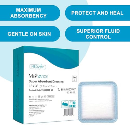 MedVance Super Absorbent Wound Dressing, Non-Adhesive Pads, 3"x3" Box of 10 | Sterile And Individually Wrapped - Non-Stick Wound Bandages - Super Soft - Highly Absorbent & Lock Exudate - Leakproof - size: 3"x3", style: 10 Pack