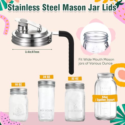 Baderke 4 Pcs Stainless Steel Wide Mouth Mason Jar Pour Spout Lid Metal Mason Jar Pitcher Lid with Handle, No Rust Leak Proof Shaker Seal Cover Fit Home Tea, Milk, Juice Drinks Airtight