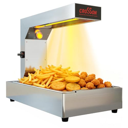CROSSON French Fry Food Warmer, Commercial French Fry Heat Lamp Electric Stainless Steel Fries Dump Station Countertop 5-Level Adjustable Heating Duration for Food Truck Restaurant Parties 600W