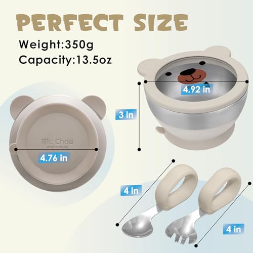 MR. CHOU Baby Suction Bowl Set with Spoon & Fork, Insulated Double-Layer 18/8 Stainless Steel Toddler Bowls with Silicone Suction Cup & BPA Free Airtight Lids, Beige - color: Beige-S