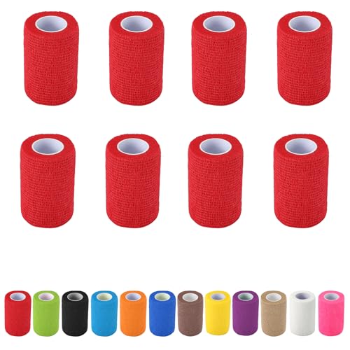 8 Pack Self Adhesive Bandage Wrap, 3 in x 5 Yards Vet Wrap Tape, Red - color: Red