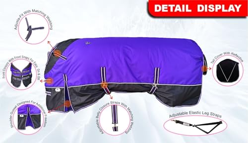 Majestic Ally 600 D Ripstop Nylon Horse Turnout Blanket, Waterproof, Heavyweight, Rain and Weather Resistant, 250 GSM (Purple Black, 74 - Inch) - color: Purple Black, size: 74 - Inch