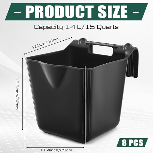 8 Pcs 15 Quart Plastic Hook Over Horse Feed Bucket for Stall Fence, Black - color: Black