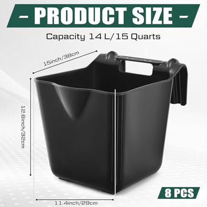 8 Pcs 15 Quart Plastic Hook Over Horse Feed Bucket for Stall Fence, Black - color: Black
