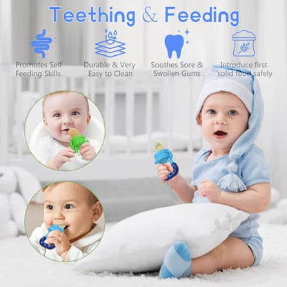 Baby Fruit Feeder Pacifier - 5 Pack | 2 Baby Food Feeder Pacifier & 1 Infant Food Dispensing Spoon | Fresh Fruit Teethers for Babies | Shower Gifts for Boys and Girls (Blue & Green) - color: 07-Blue
