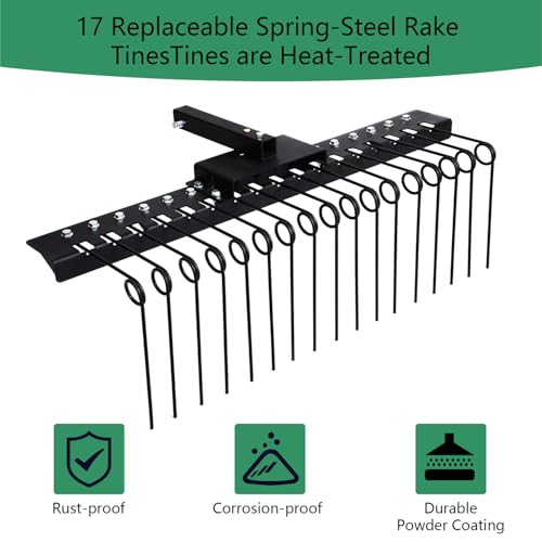 48" Durable Pine Straw Rake Steel Spring Landscape Rake Fits 2" Receiver for Lawn Tractors or ATV/UTV Black