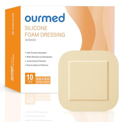 Ourmed Silicone Foam Dressings(6"x 6" - 10 Packs) with Tender Adhesive Border, Sterile Advanced Absorbent Bandage, Wound Care for Bed Sores, Pressure Ulcers, Foot Diabetic Ulcer - size: 6"x 6" (10 Packs)