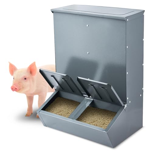 Happybuy Hog Feeder, 3.7 Bushel Capacity, Double Door Pig Feeder, Heavy Duty Steel Piglets Feeder, Multipurpose Trough Creep Feeder, Outdoor Livestock Feeder Farm Accessory for Feeding up to 8 Hogs