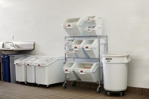 Rubbermaid Commercial Products ProSave Shelf-Storage Ingredient Bin With Scoop, 600-Cup capacity, Plastic, White, Sliding Lid, Container with Wheels for Kitchen/Restaurant Food Organization - size: 600 Cup