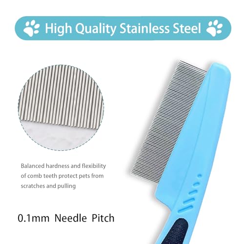 Bestac Pet Grooming Stainless Steel Flea Lice Comb Tear Stain Remover & Dematting Tool Rounded Teeth for Small, Medium, Large Dogs & Cats (Blue)