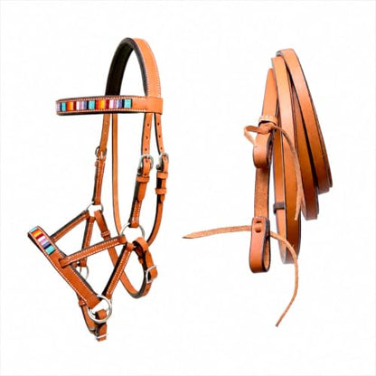 Horse Western Tan Leather Padded Bitless Training Sidepull Bridle Reins - color: Tan Beaded Serape