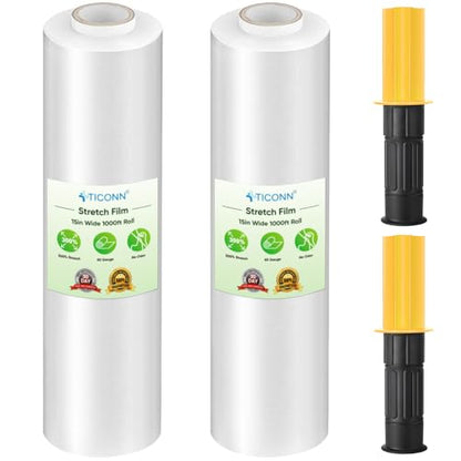 TICONN 2Pk Stretch Wrap Stretch Film Roll, 1000ft Industrial Strength 15 inch Wide Clear Plastic Wrap with Handles for Pallet Wrapping Shipping Moving - style: 15''-2PK