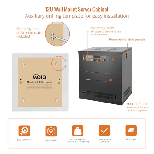 Tecmojo 12U Wall Mount Server Cabinet IT Network Rack Enclosure Lockable Door and Side Panels Black,Cooling Fan,Glass Door,17.7inch Depth,for 19” IT Equipment,A/V Devices - size: 12U/Glass Door/Black