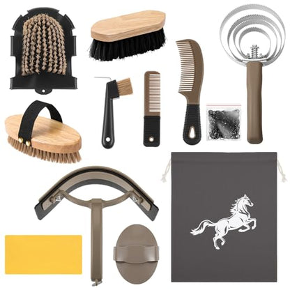 Abbylike 12 Pieces Horse Grooming Kit Equine Care Brushes, Dark Gray - color: Dark Gray