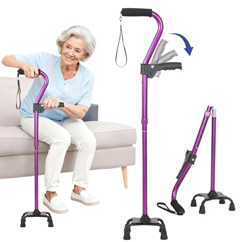 Stand Secure Cane with Stand Up Assist Handle for Elderly, 4 Prong Adjustable Walking Canes for Seniors Women and Men, Non-Slip Wide Base, Aluminum Foldable Stand Cane - color: Purple