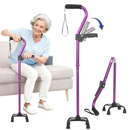 Stand Secure Cane with Stand Up Assist Handle for Elderly, 4 Prong Adjustable Walking Canes for Seniors Women and Men, Non-Slip Wide Base, Aluminum Foldable Stand Cane - color: Purple