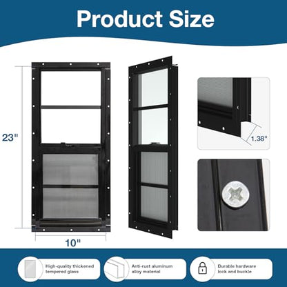 Yuzzy Shed Windows 2 Pack, 10"x23" Sliding Windows Transom Window with Tempered Glass and Removable Fiberglass Screen for Shed, Chicken Coop, Playhouse, Household, Garage, Barns (Black) - color: Black, size: 10"x23"