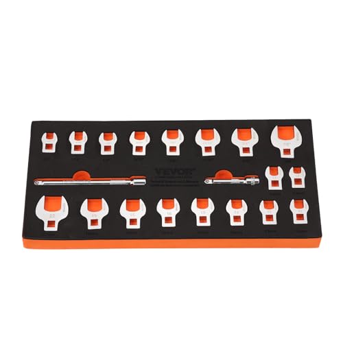 VEVOR Crowfoot Wrench Set, 3/8" Drive 20-Piece Crows Foot Wrench Set with 2 Extension Bars and EVA Tool Organizer,40CR Material with Mirror Chrome Finish, SAE 3/8"-7/8" and Metric 10-22 mm - size: 3/8" 20 PCS