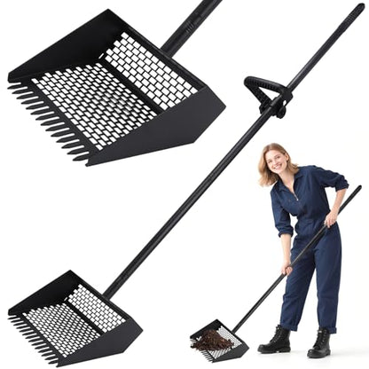 2-in-1 Coop Scoop(24" to 68"), Chicken Poop Scooper with Grip & Rake, Chicken Coop Accessories for Pet Waste Cleaning, Adjustable Stainless Steel Sand Sifting Litter Shovel for Chicken Coop