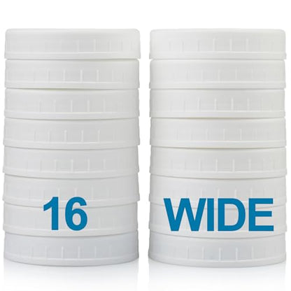 AOZITA Wide Mouth Mason Jar Lids [16 Pack] for Ball, Kerr and More - White Plastic Storage Caps for Mason/Canning Jars - Leak-Proof - Dishwasher Safe & Food Grade - size: 16 Wide Mouth