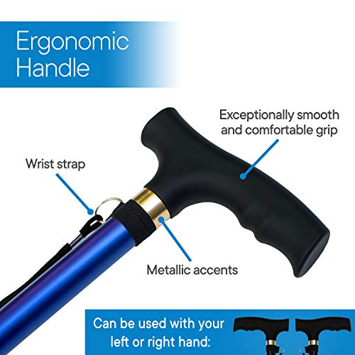 RMS Folding Cane, Adjustable, Lightweight Offset Walking Cane | Aluminum Collapsible Walking Stick with Ergonomic Derby Handle, cane folds for travel and storage - color: Blue