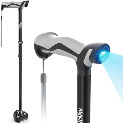 HEALTHBAZAAR Walking Cane for Men & Women with LED Light - Self Standing Pivot Cane, Adjustable, Lightweight, Folding Walking Sticks for Seniors & Adults with Wrist Strap, Travel Bag