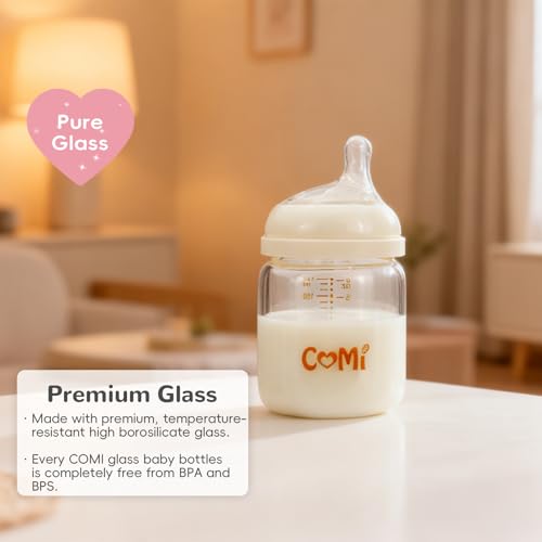 COMI Natural Glass Baby Bottles for Breastfeeding Babies,Newborn Anti-Colic Baby Bottle Set with Slow Flow Nipple,0-3 Months,BPA-Free,6 oz,2 Pack - style: 6 oz(2 Pack with Pacifier)