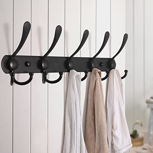 Dseap Coat Rack Wall Mounted - 5 Tri Hooks, Heavy Duty, Stainless Steel, Metal Coat Hook Rail for Coat Hat Towel Purse Robes Mudroom Bathroom Entryway (Black, 2 Packs) - color: Black, size: L=16" (2 Pcs)