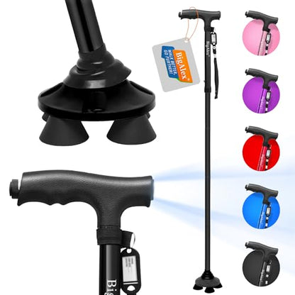 BigAlex Folding Walking Cane with LED Light,Pivoting Quad Base,Adjustable Walking Stick with Carrying Bag for Men/Women - color: Black(5'5"-6'3")